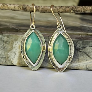 Chrysoprase Earrings, Sterling Silver, 18K Gold, Gold Fill Ear Wires, Diamond Shaped Chrysoprase Dangle Earrings