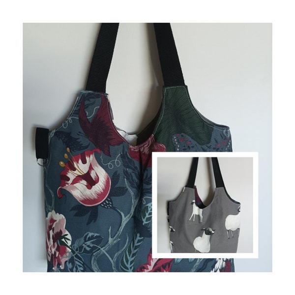 Grand Sac en toile de coton réversible / tote bag / courses, plage, week-end *moutons et fleurs baroques*