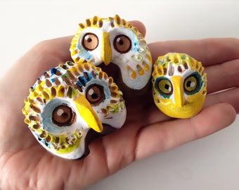 Ceramic miniature cartoon owl set of 3, owl paperweight