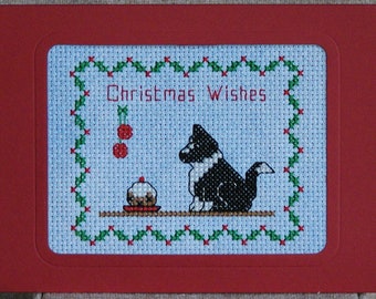 Pup & Christmas Pudding - Sheepdog  Christmas Card cross stitch embroidery chart