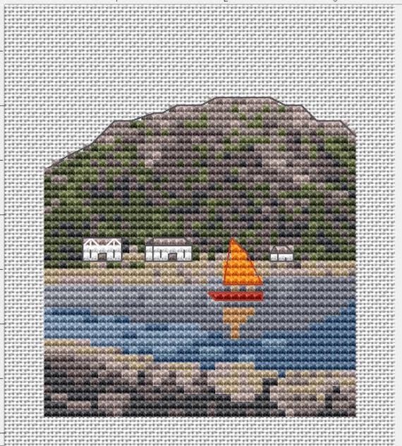 small landscape cross stitch embroidery chart Sailing in Diabaig Harbour