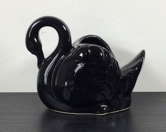 Vintage Black Pottery Swan Shaped Vase