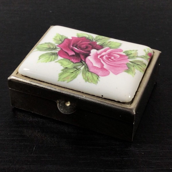 Vintage Small Silver Toned Rectangular Pill Box With A Ceramic Rose Design Lid