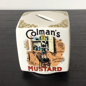 Vintage 1970&#39;s Small Ceramic Square Money Box - Victorian Advertisement - Pears Soap - Colmans Mustard - Beetham