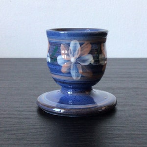 Vintage Pottery Blue Egg Cup With Hand Painted Floral Design