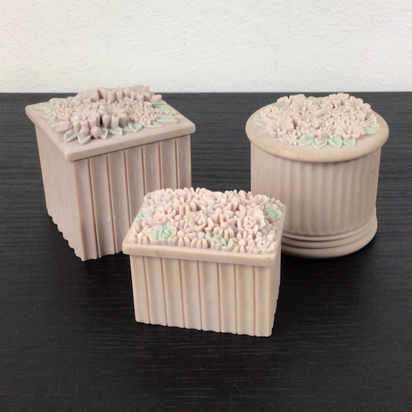 Vintage Set Of Three Miniature Resin Trinket Boxes With Floral Lid Design