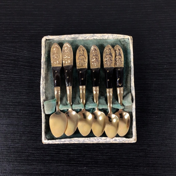 Vintage 1930's Set Of 6 Siam Brass And Wood Teaspoons