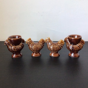 Vintage Group Of Small Brown Pottery Chicken Shaped Salt And Pepper Shalers And Pair Of Egg Cups