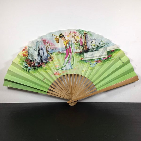 Vintage Wooden And Paper Hand Fan - Chinese Geisha Design