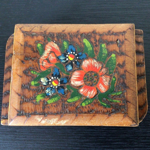 Vintage Unique Shaped Wooden Trinket Box With Etched And Hand Painted Floral Design - Unique Jewellery Boxes