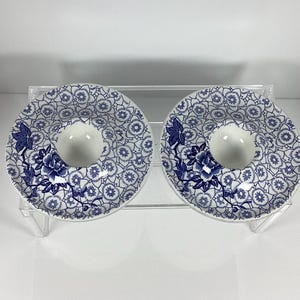 Vintage Pair Of Blue And White Egg Cup Dishes With Floral Design