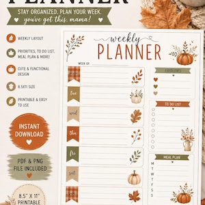 Peut inclure: Une feuille de planification hebdomadaire imprimable sur le thème de l'automne avec des citrouilles, des feuilles et des glands. La mise en page comprend des sections pour les priorités, une liste de tâches et un menu, avec le texte "weekly PLANNER".