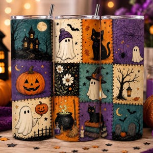 May include: A cylindrical stainless steel tumbler featuring a patchwork design of Halloween illustrations including a haunted house, a jack-o'-lantern, ghosts, black cats, a witch's cauldron, a broomstick, tombstones, and bats on a colorful background.