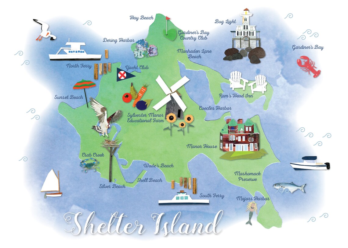 Shelter Island NY Iconic Map Etsy