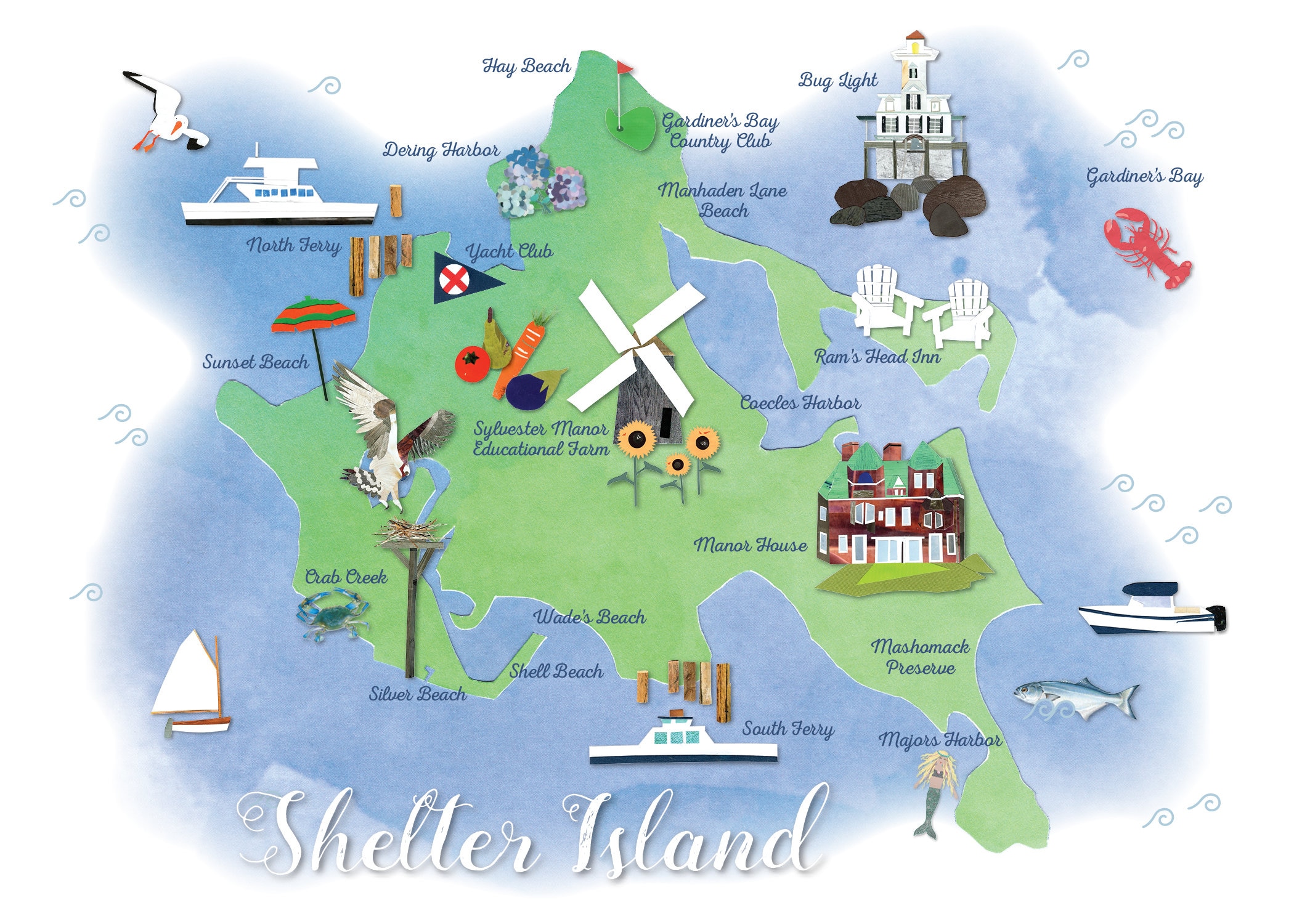 Shelter Island NY Iconic Map Etsy