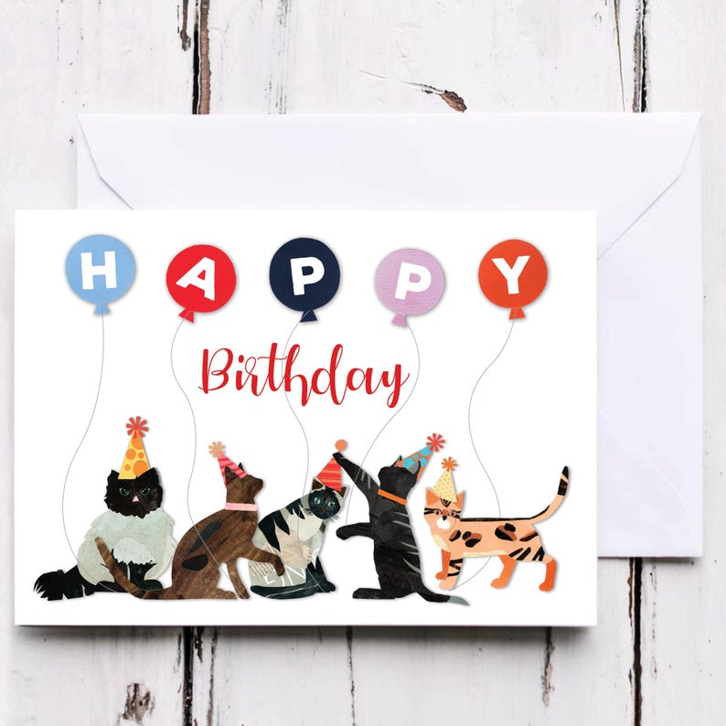Balloon Cat Birthday – Playful Birthday Greeting Card - Etsy