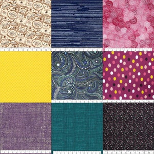 K&ouml;nnte beinhalten: Eine Sammlung von neun Stoffmustern mit verschiedenen Mustern. Die Muster umfassen Kaffeebohnenetiketten, blaue horizontale Linien, rosa Wirbel, gelbes Diamantgitter, blaue und wei&szlig;e Punktwirbel, lila Punkte, lila Textur, t&uuml;rkise Textur und schwarz-wei&szlig;e Punkte.