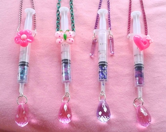 Glitter Syringe Necklaces! - injection menhera medical fashion kawaii shots moon stars bows pills
