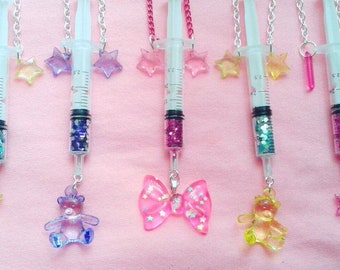 Star Glitter Syringe Necklaces! - injection menhera medical fashion kawaii shots moon stars