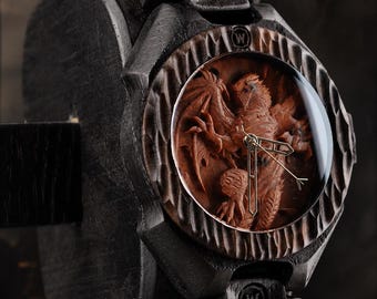 Warcraft Deathwing Dragon Wooden Watch, Engraved Bog Oak Fantasy Gamer Gift