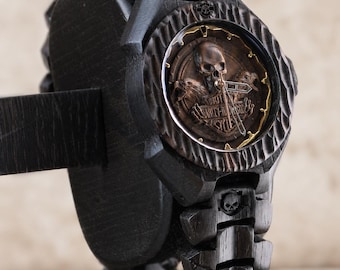 Harley Davidson Inspired Wooden Watch, Biker Skull Carved Dial, Personalized Gift