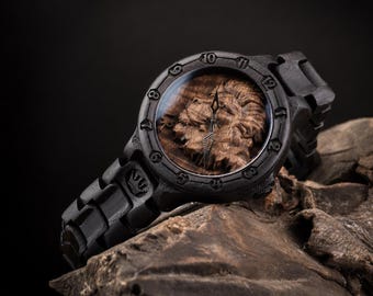Men's Custom Carved Lion Dial Black Wood Watch, Personalized Gift