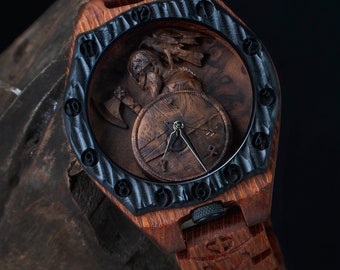 Madera de leopardo vikingo solitario | Reloj vikingo de madera para hombre | Joyas runas | Armadura vikinga | Reloj para hombre grabado con runas vikingas | Navidad