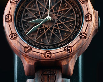 Pentacle de Salomon Montre en bois | Bois de palissade | Montre-bracelet de conception personnalisée | Salomon | Montre zodiaque | Montre gravée | Montre en bois pour homme