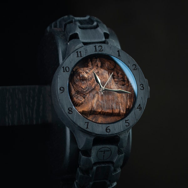 Mountain Bear Wood watch | Engraved watch | Bog oak wood watch | Wooden watch for man | Celtic Bear | Forest bear watch | Wrista watch men