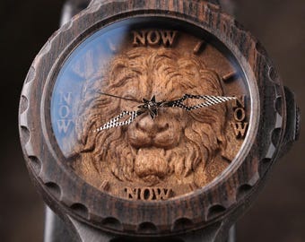 Custom Carved Lion Wooden Watch, Personalized Black Wood, Strength Symbol Gift