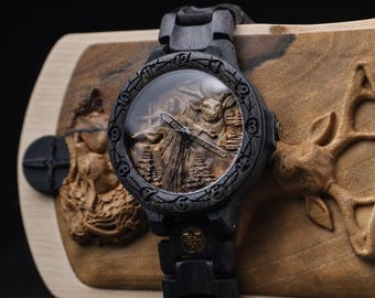 Hand Carved Jesus Deer Wooden Watch, Christian Faith Timepiece, Religious Gift for Men