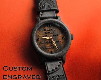 Custom engraved watch | Wooden watch | Montre bois | Montre unisex | Engraved wood watch | leather watch  Wrist watch for man