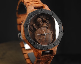 Madera de leopardo y roble de pantano | Guerrero solitario vikingo | Cosplay de vikingos | Armadura medieval | Reloj celta | Reloj de hombre | Dia del padre