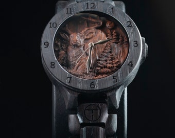 Reloj de madera de ciervo | Animales del bosque | Roble de pantano Madera de 1500 años | Reloj de madera para hombre | Reloj de pulsera unisex | Reloj de madera para hombre | Ciervo |