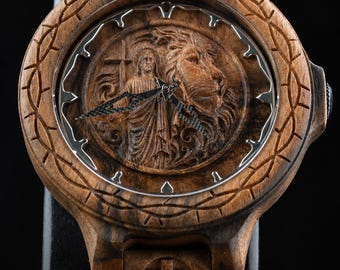 Jesus and Lion Wooden Watch, Christian Gift for Men, Lion of Judah Watch, Handcrafted Walnut Watch, Religious Gift for Husband