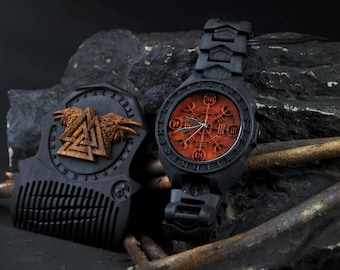 Conjunto de Yelmo de Awe de edición limitada | Peine de madera para barba Valknut y Cuervos | Reloj de pulsera Helm of Awe | Reloj de madera celta | joyería nórdica