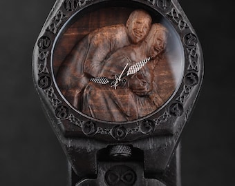 Custom Photo Wooden Watch, Hand-Carved Portrait Dial, Bog Oak, Walnut Burl, Anniversary Gift