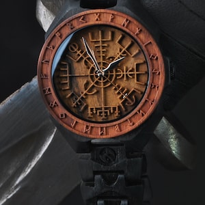 Vegvisir Viking Compass Reloj de madera - Regalo personalizado de runas nórdicas para hombres