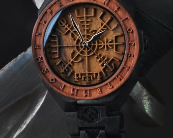 Vegvisir Reloj de madera con brújula vikinga | Joyas vikingas Vegvisir | reloj de madera único regalos personalizados | vegvisir Brújula nórdica |