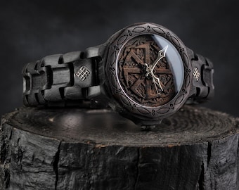 Hand Carved Slavic Symbol Wooden Watch, Celtic Inspired Men's Timepiece