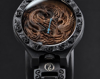 Phoenix Dragon Carved Wooden Watch, Yin Yang Mythical Men's Timepiece
