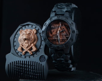 Ensemble ours Vaknut | Montre en bois de chêne des tourbières en édition limitée et peigne à barbe Grenadil | Accessoire nordique | Montre-bracelet celtique | Montre gravée sur mesure