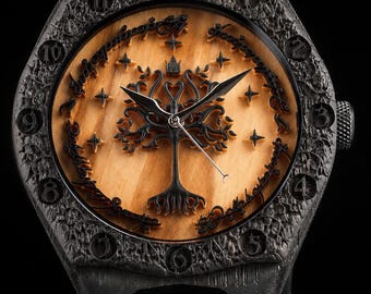 White Tree of Gondor Wooden Watch for Men, Lord of the Rings Inspired Black Wood Watch, Personalized Fantasy Gift