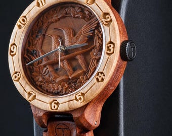 Exotic Wood Watch Women, Bloodwood Olive Amboyna, Hummingbird Carving, Handmade Timepiece