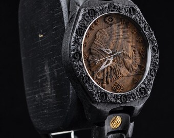 Native American Inspired Wooden Watch for Men, Apache Warrior Portrait Watch, Blackwood Western Gift for Husband