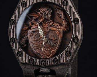 Zelda Inspired Wooden Watch, Hylian Shield Carved Dial, Fantasy Gamer Gift