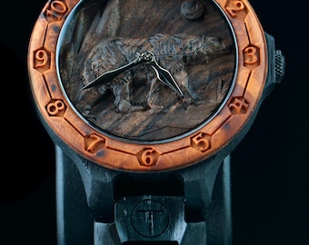 Hand-Carved Polar Bear Black Wood Watch, Natural Bezel, Men's Wildlife Timepiece