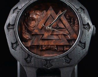 Björn el Oso | Reloj de madera | Roble de pantano | Oso celta | Armadura medieval | Joyas Valknut | Reloj de hombre | reloj de madera para hombre | oso nórdico