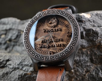 Unisex Wolf Carved Wooden Watch, Personalized Leather Strap Timepiece