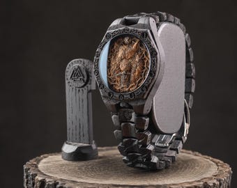 Men's Fenrir Wooden Watch, Norse Wolf Carved Dial, Viking Gift for Husband
